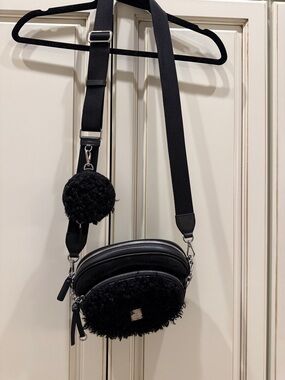 Black Faux Shearling Crossbody Bag with Pom Pom